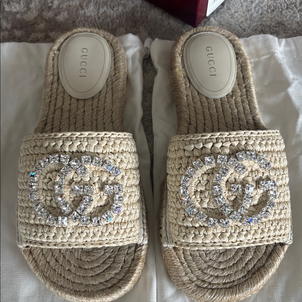New with box! Authentic Gucci Women's Sz 36 Espadrille Slides with Crystal $930